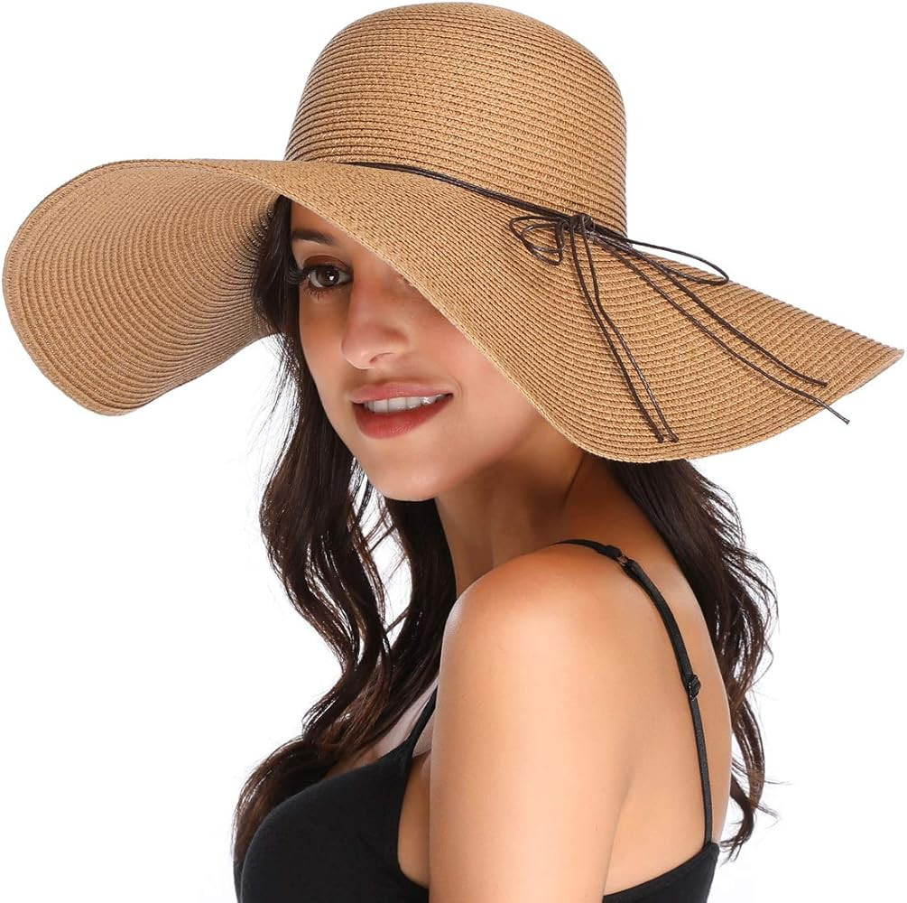 Lanzom Womens Wide Brim Straw Hat Big Floppy Foldable Roll up Cap Beach Sun Hat UPF 50+ | Amazon (US)