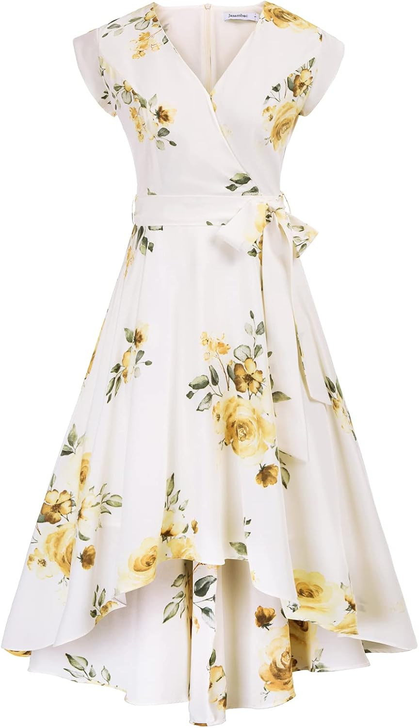 JASAMBAC Women's Floral High Low Dress for Wedding Guest Flowy Bohemian Empire Waist Swing Dress ... | Amazon (US)