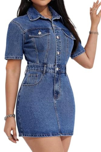Lachmose Women's Denim Dress Short Sleeve Jean Dress Button Down Babydoll Denim Shirt Dresses | Amazon (US)