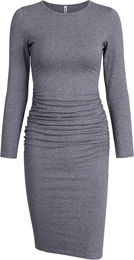 Missufe Women's Long Sleeve Ruched Casual Sundress Midi Bodycon Sheath Dress | Amazon (US)