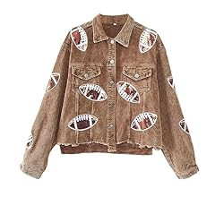 Xunger Women’s Football Corduroy Sequin Jacket Cropped Distresses Rugby Patched Shacket Coat | Amazon (US)