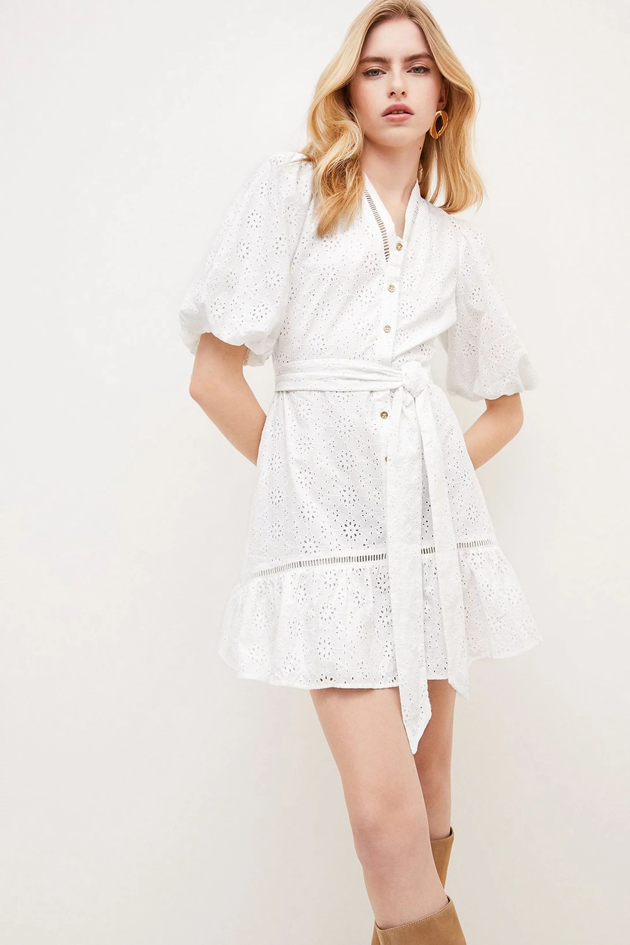 Cotton Eyelet Belted Mini Dress | Karen Millen US