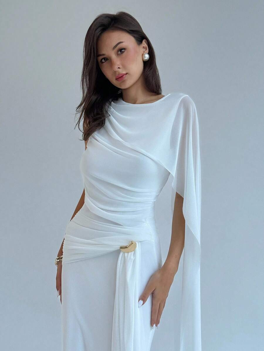 Aloruh Women's Solid Color Patchwork Ruffle Trim Elegant Dress Wedding Guest Dress Women Wedd... | SHEIN