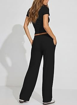 Darong Womens 2 Piece Matching Lounge Sets Summer Short Sleeve Henley Shirts Wide Leg Pants Airpo... | Amazon (US)