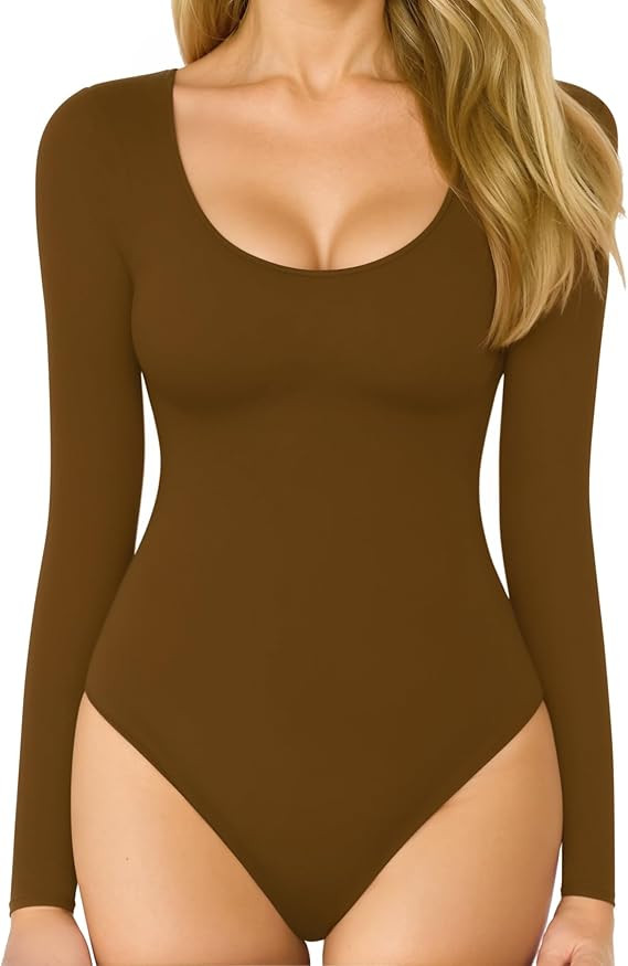 MANGOPOP Long Sleeve Bodysuits for Women Scoop Neck Ribbed Body Suit Stretchy Basic T Shirt Tops | Amazon (US)