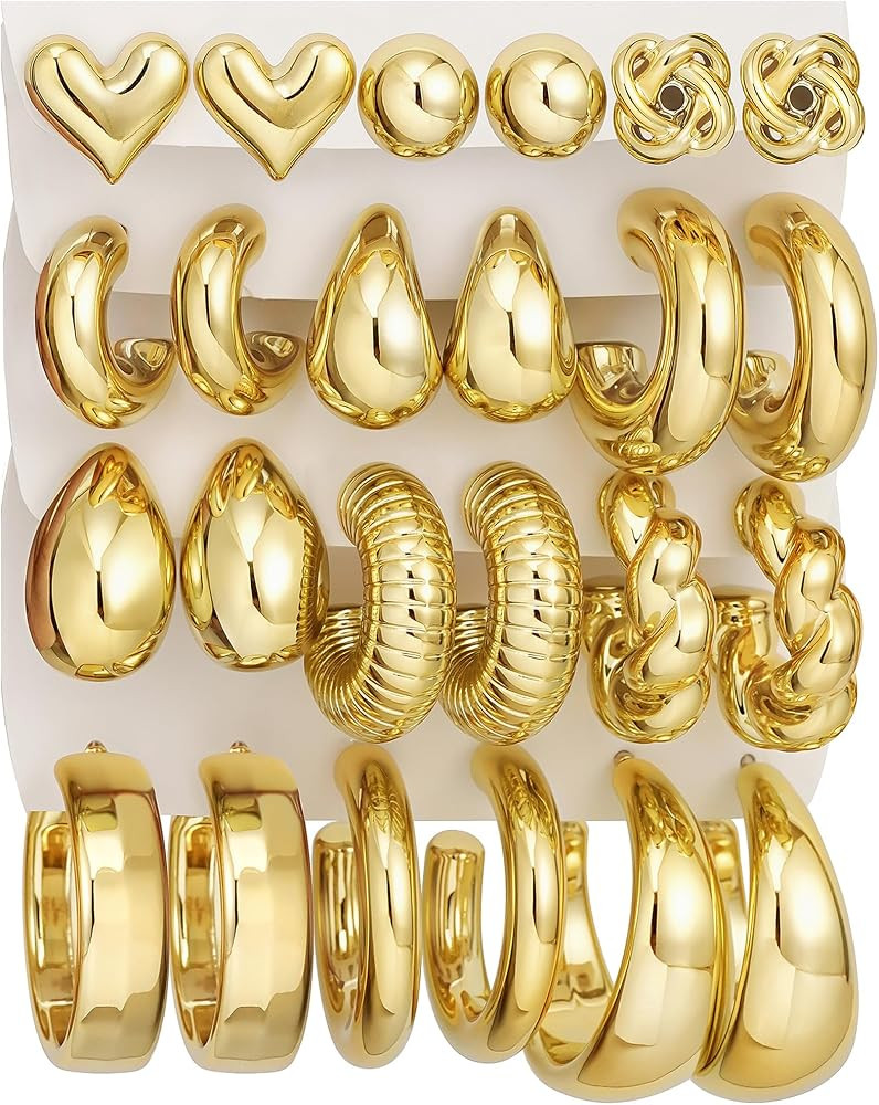 12 Pairs Chunky Silver Hoop Earrings for Women Trendy, Silver Plated Lightweight Thick Open Twist... | Amazon (US)