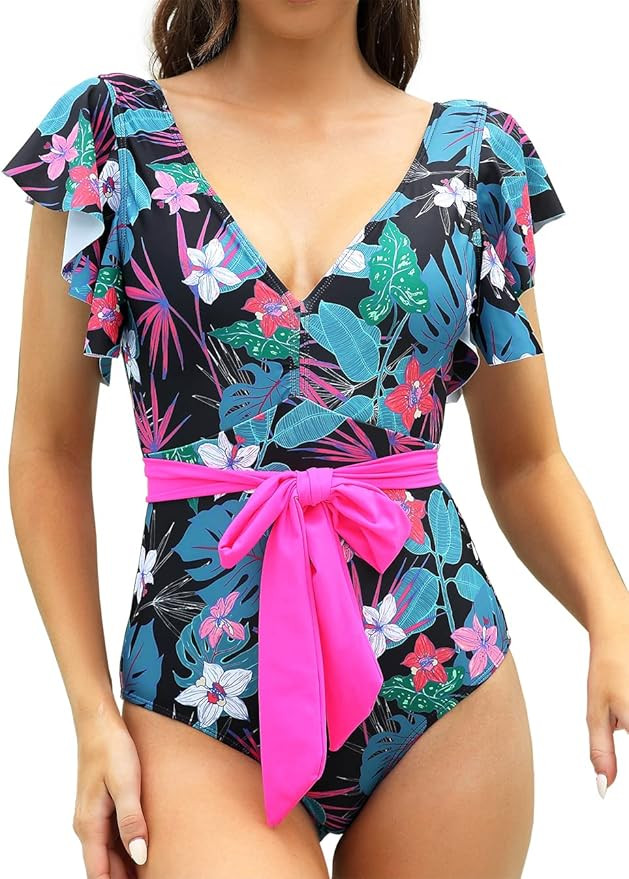 Binlowis Deep V Neck Flounce One Piece Swimsuit Ladies Floral Print Plunging Beachwear Bathing Su... | Amazon (US)