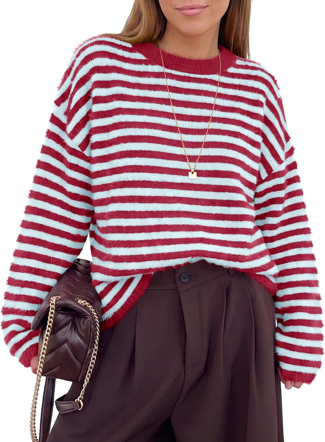 Saodimallsu Womens Fuzzy Striped Sweaters Crew Neck Knit Pullover Top | Amazon (US)