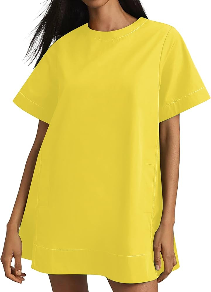 Women's Summer Short Sleeve Mini Dress Loose Fit Button Back Mini Dresses Slit Tunic Shirt Short ... | Amazon (US)