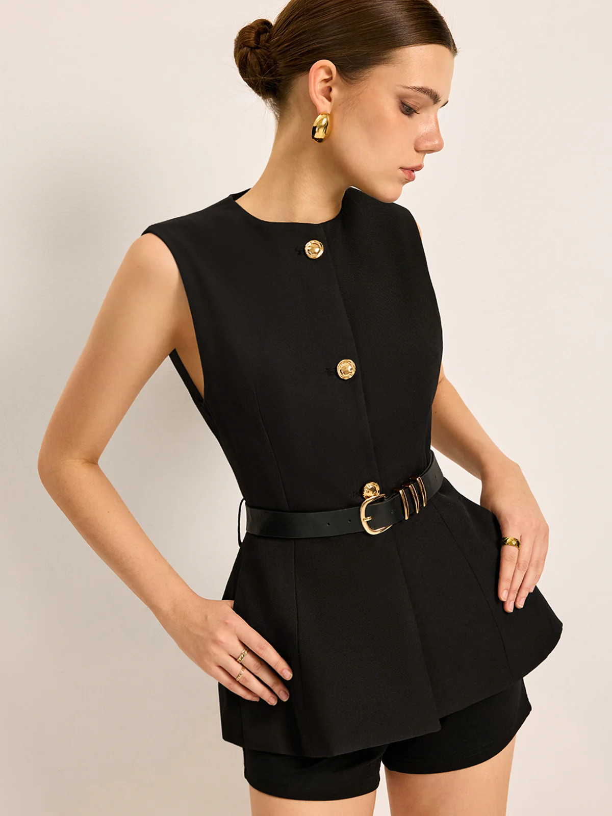 Button Detail Pockets Top With Belt | Commense