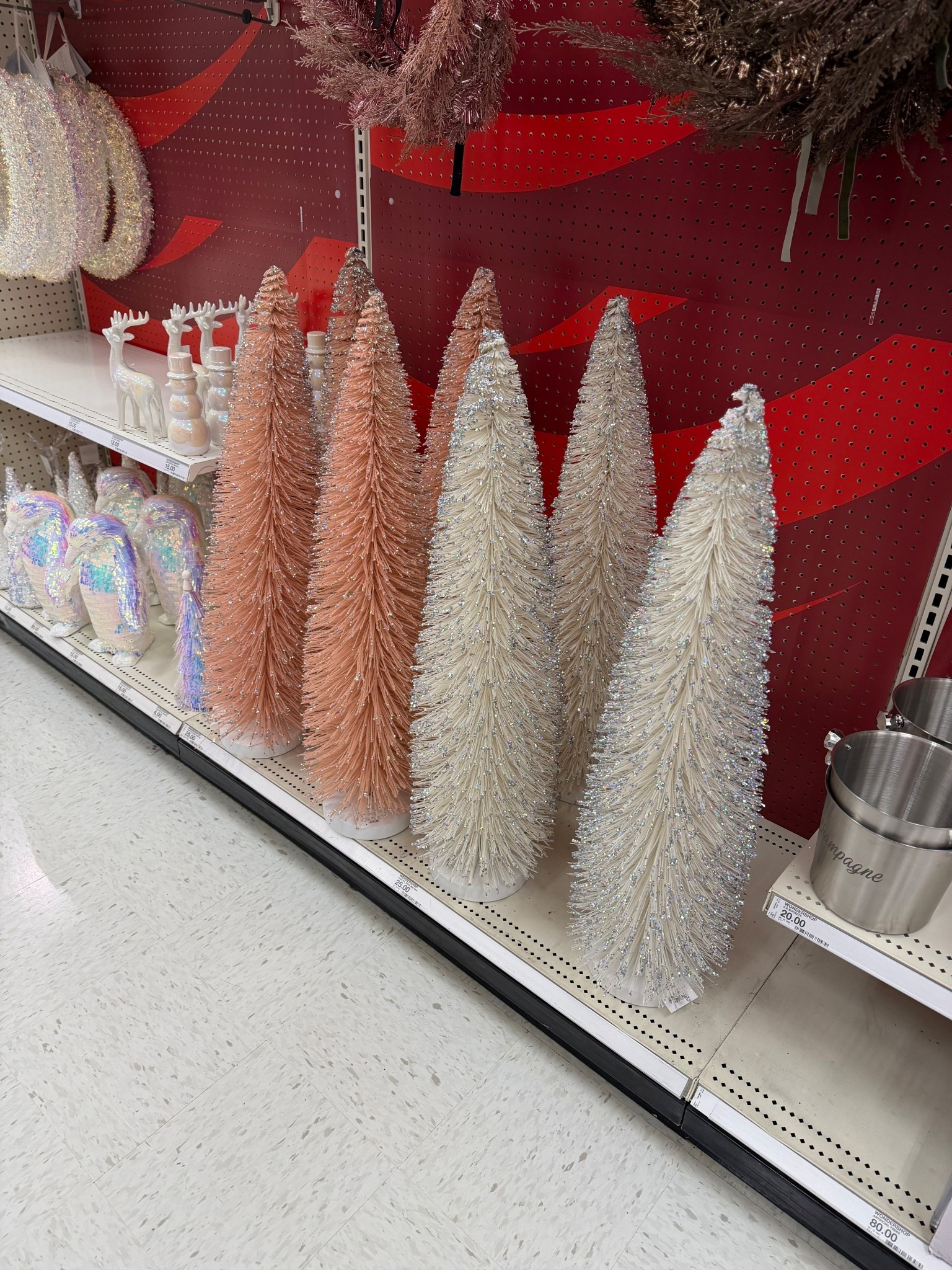Festive holiday home decor at target, giant glitter bottle brush trees available in four colors
