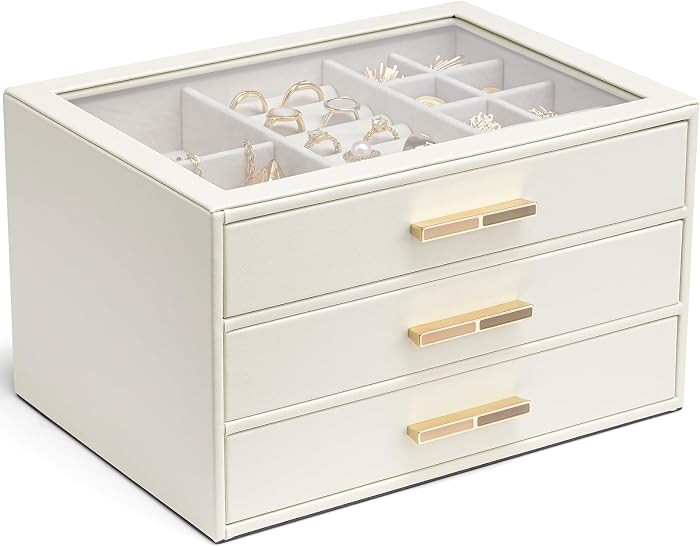 Vlando Jewelry Box for Women, Glass Lid Jewelry Organizer with 3 Drawers for Necklaces Rings Earr... | Amazon (US)