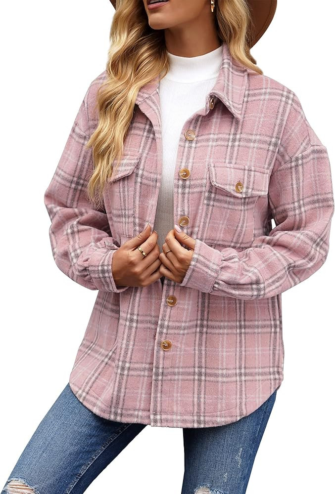 Womens Shacket Jacket Oversized Plaid Flannel Button Down Shirt Jackets Long Sleeve Coats | Amazon (US)