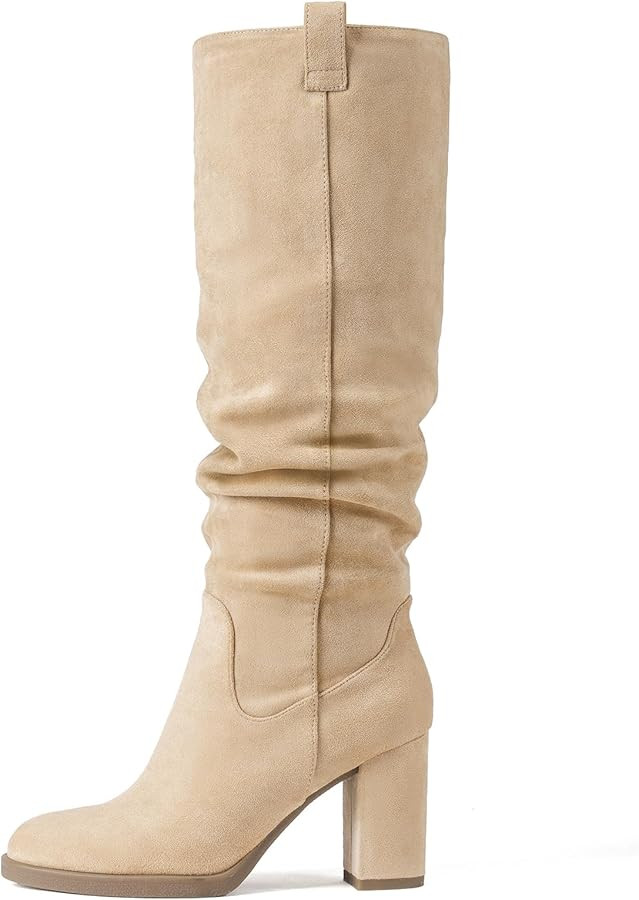 Suede Knee High Boots for Women - Tall Chunky High Heel Dress Boot with Side Zipper, Round Toe Ru... | Amazon (US)