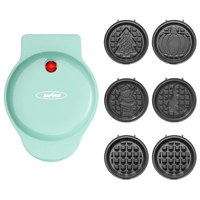 Heynemo 4" Mini Waffle Maker: 6 in 1 Waffle Iron with 6PC Nonstick Removable Plates Set (Santa Claus, Christmas Tree, Witch & Pumpkin), Light Blue | Target