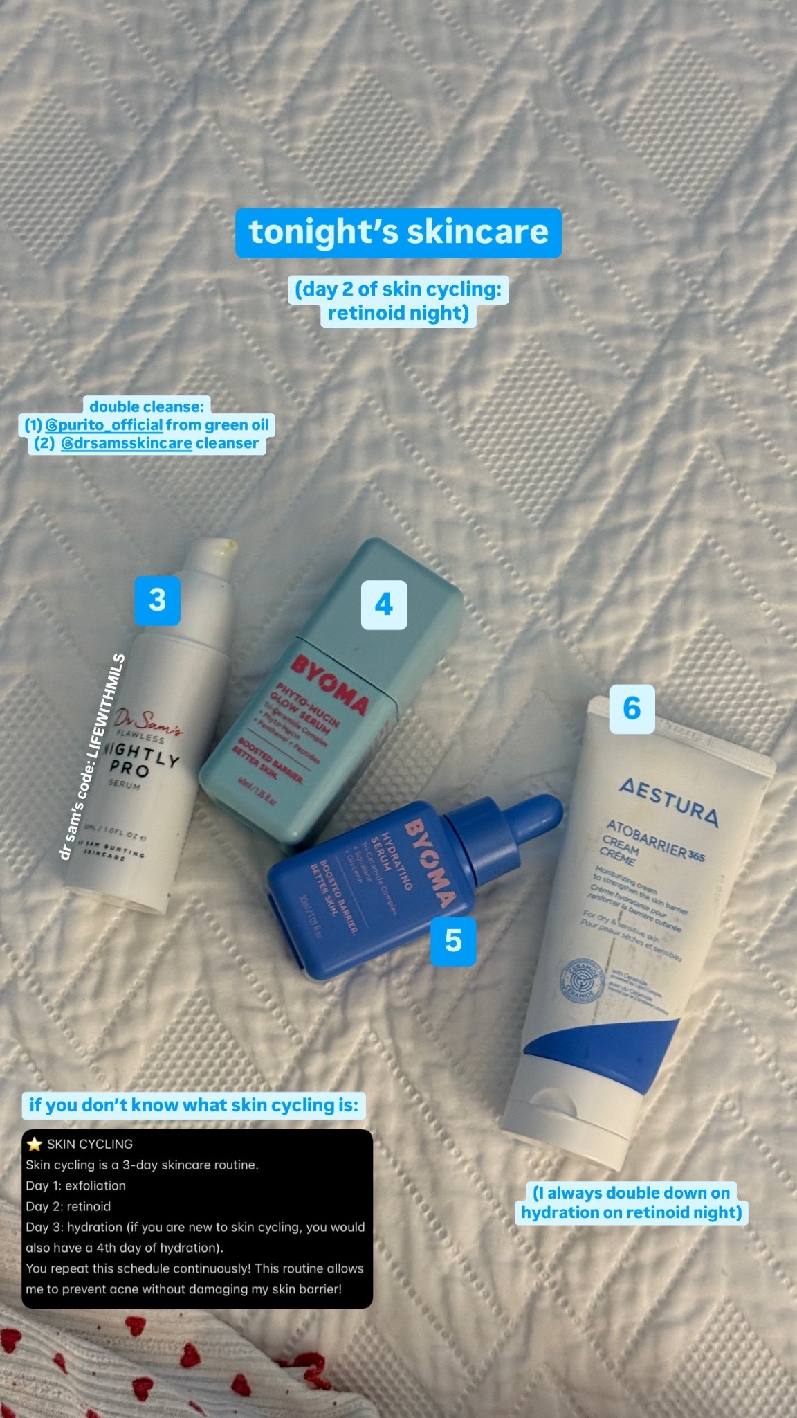 Retinoid night skincare (skin cycling day 2)
Dr Sam’s discount code LIFEWITHMILS
Yesstyle discount code LIFEWITHMILS