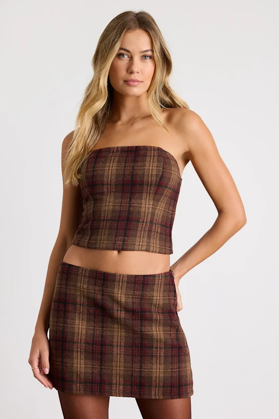 Annette Brown Plaid Strapless Top | Lulus