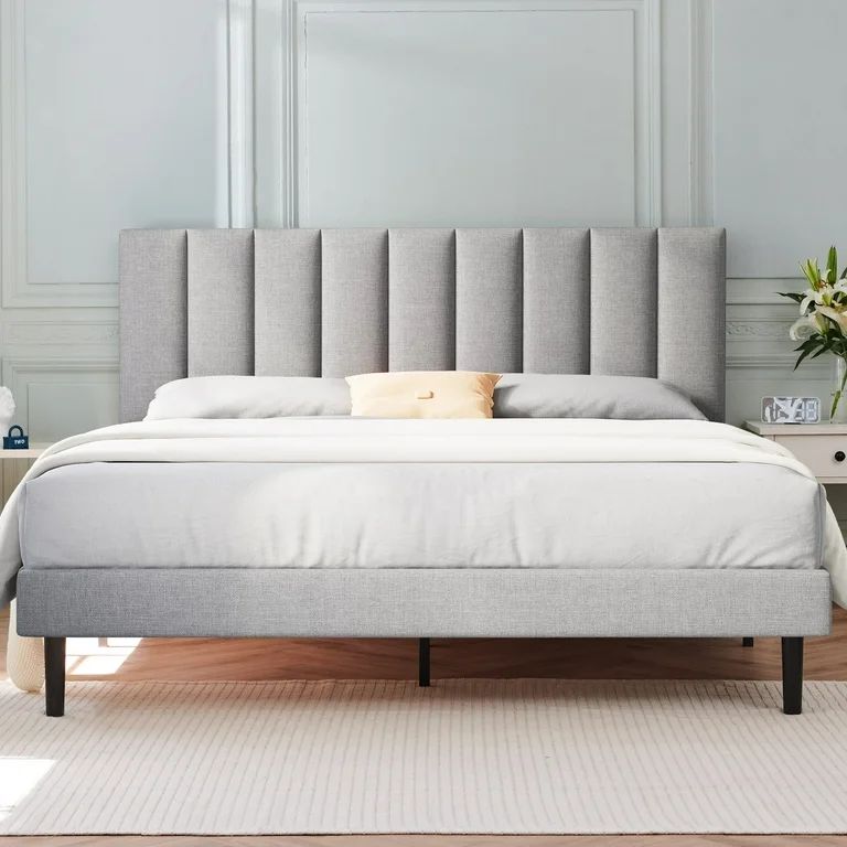 HAIIDE King Bed, King Platform Bed Frame with Upholstered Headboard, Light Gray | Walmart (US)