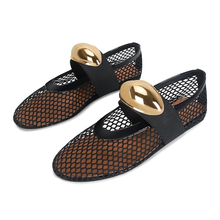 DOEYG Mesh Ballet Flats for Women Buckle Strap Comfy Casual Office Fishnet Ballerina Flat Shoes | Amazon (US)