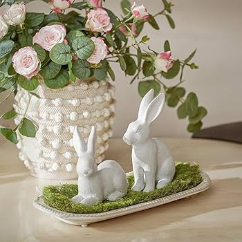 DN DECONATION White Frosted Resin Bunny Figurines Set of 2, Rabbit Statues Indoor Easter Decorati... | Amazon (US)