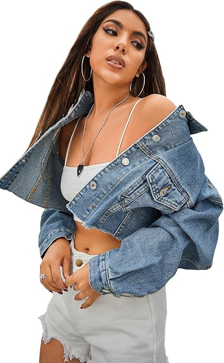Floerns Women's Casual Drop Shoulder Ripped Crop Denim Jacket | Amazon (US)