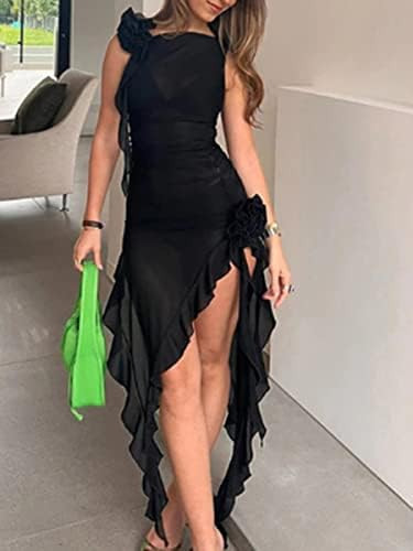 Women's Sexy Ruffle Tassels Split Dress Sleeveless 3D Floral Irregular Hem Dresses Summer Straple... | Amazon (US)