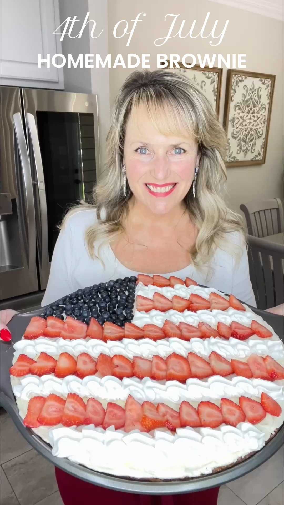 🇺🇸4th of July Homemade Brownie (the best & most decadent dessert I’ve ever made!) Must try!
RECIPE
Ingredients - Brownie:
2 1/2 C Sugar 
10 Tbsp Salted Butter
6 Eggs
2 Tsp Pure Vanilla Extract 
2/3 C Vegetable Oil
1 1/2 C Cocoa Powder 
1 C All Purpose Flour 
2 Tbsp Corn Starch
1/4 Tsp Baking Soda
1/2 Tsp Salt
12 oz Bag Chocolate Chips
4 oz Walnuts (Optional)
2 Reg. Size Containers Strawberries 
1 C Container Blueberries 

Ingredients - Cream Cheese Frosting:
(2) 8oz packages of cream cheese 
1 C Powdered Sugar
1 Tsp Pure Vanilla Extract 
12 oz Cool Whip

INSTRUCTIONS - Brownie
*Preheat oven to 325 degrees
*In a large bowl, Add sugar, melt butter and add, then whisk until combined.
*Add 4 whole eggs, and then 2 egg yolks. Add vanilla. Whisk until silky smooth.
*Add vegetable oil and cocoa powder. Fold in until combined.
*Add flour, corn starch, baking soda and salt. Mix until combined.
*Add chocolate chips and walnuts (optional). Mix until combined.
Grease pan and spread batter evenly. Bake 25-35 minutes.

INSTRUCTIONS - Cream Cheese Frosting:
*Add cream cheese to a bowl, add powdered sugar and vanilla. Mix until combined. 
*Add cool whip (approximately 5 oz)and fold in. 
*Cover and refrigerate until brownie has cooled completely.

INSTRUCTIONS - Final Steps
*After brownie has cooled completely, spread frosting evenly.
*Add blueberries 
*Slice and add strawberries 
*In a piping bag, add cool whip, then pipe the white stripes.

🇺🇸 Have a Blessed 4th of July!

#LTKSeasonal #LTKHome #LTKfoodie