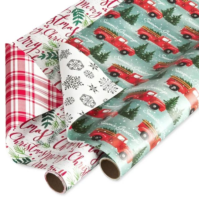 Holiday Time 30" Christmas Reversible Wrapping Paper, Christmas Script, and Red Trucks (90 Sq. ft... | Walmart (US)