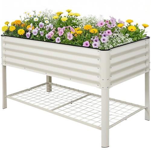 STBoo Elevated Raised Garden Bed with Legs and Wheels- 48''x24''x32'' Galvanized Metal Standing Planter Boxes Outdoor with Bottom Storage Shelf for Backyard, Patio, Balcony, Vegetables, Flowers, White | Amazon (US)