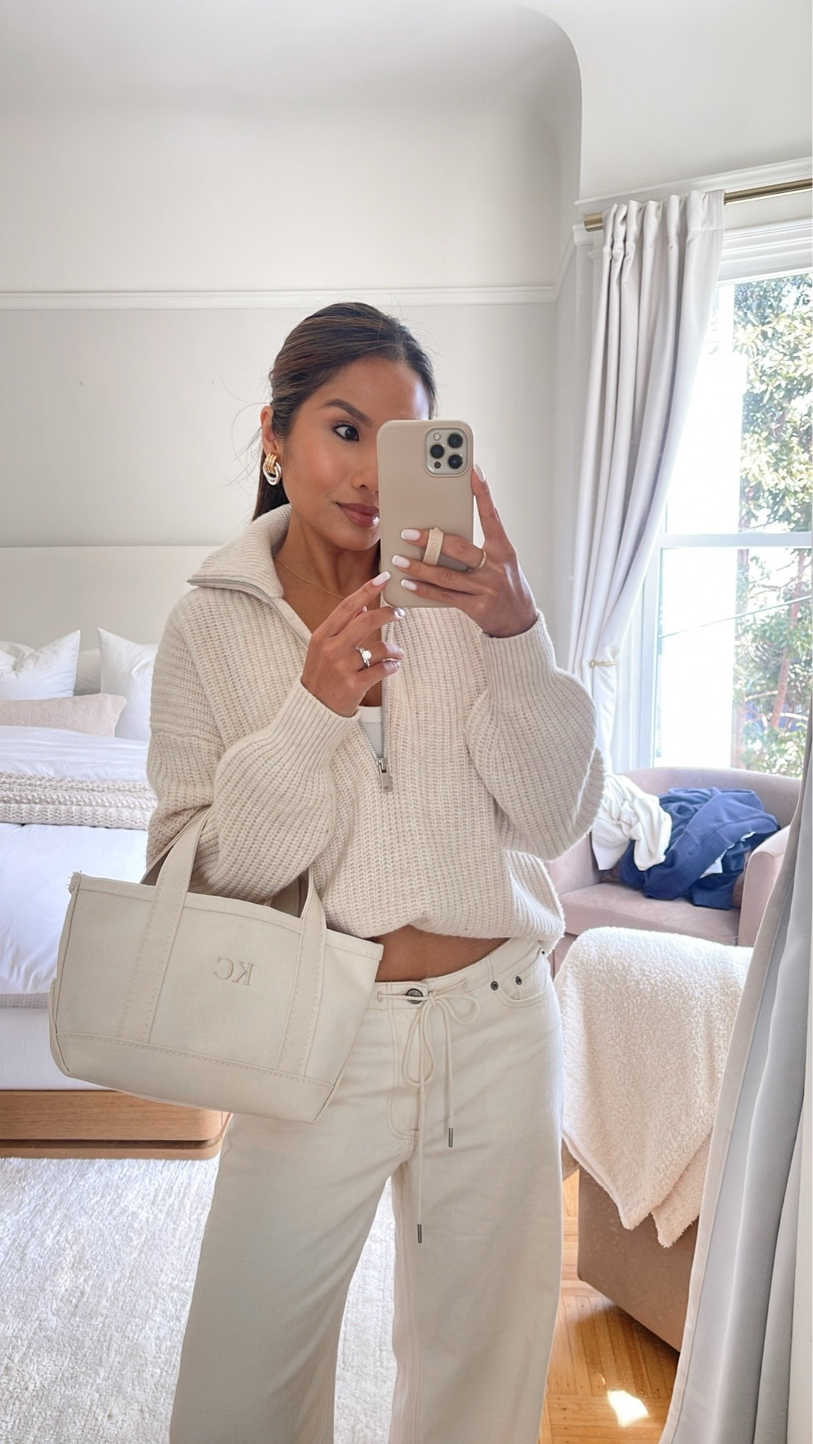 My favorite casual bag!! The mini boat and tote 🤍🤍 I did 3 initials in times bold in natural thread in natural colorway

Sizing:
Sweater - old, linked similar 
Jeans - tts, 25 short (my drawstring one is from last year) 
Tank - old, linked similar

#LTKootd #LTKPetite