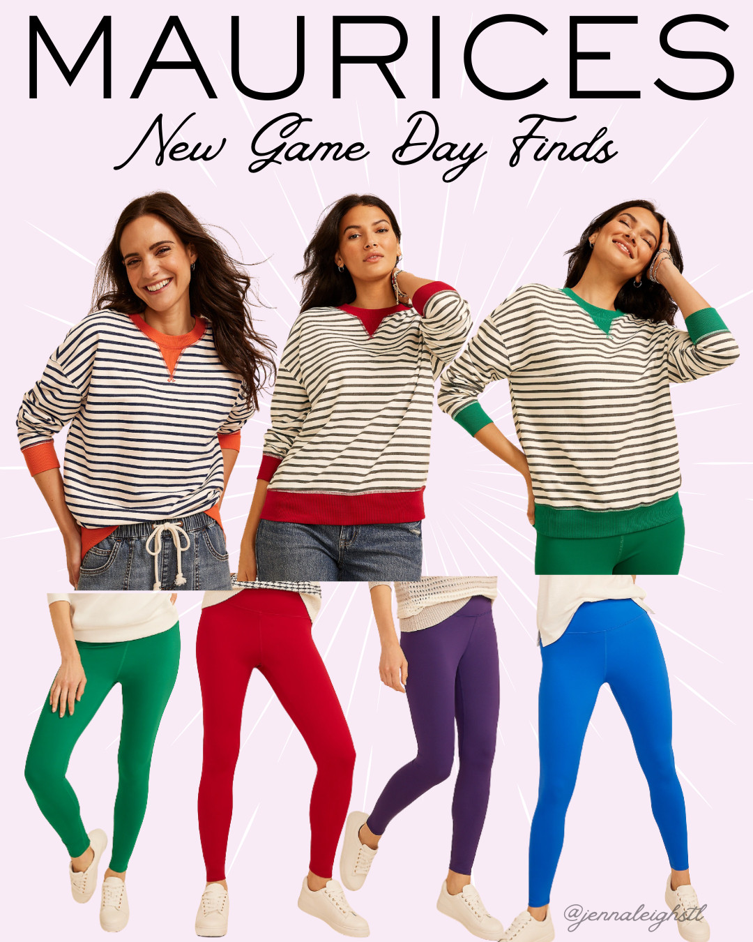 Game day just got even cuter! Maurices has their high rise active leggings and striped sweatshirts on sale right now, and there are so many fun team color combinations to choose from. It makes it so easy to put together the perfect football season outfit while saving a little, too! 

 #LTKootd #LTKActive #LTKMidsize