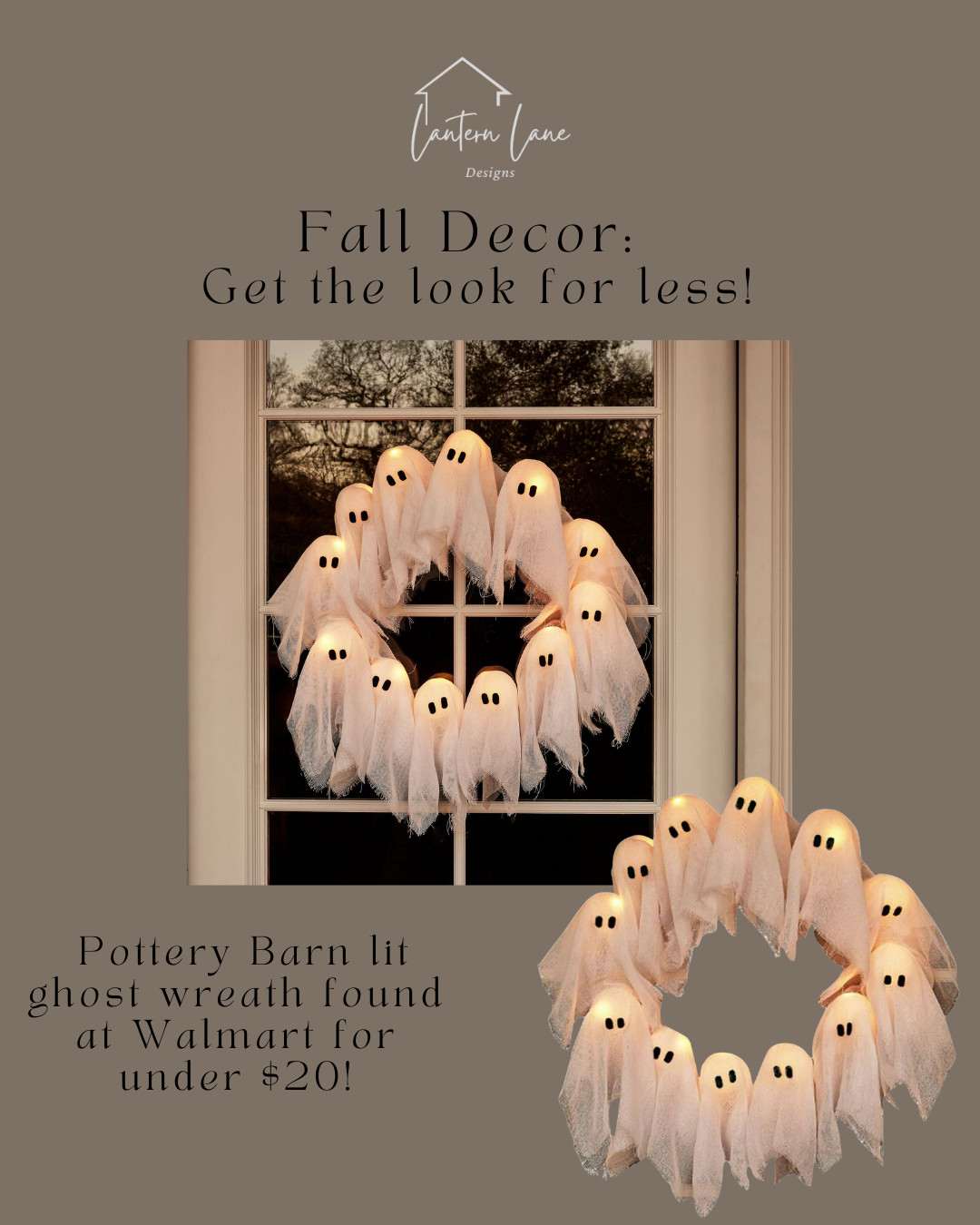 Get the pottery barn look for less at Walmart. I found the same lit ghost wreath from Pottery Barn at Walmart for less. Fall decor, halloween decor, front porch decor, fall wreath 

 