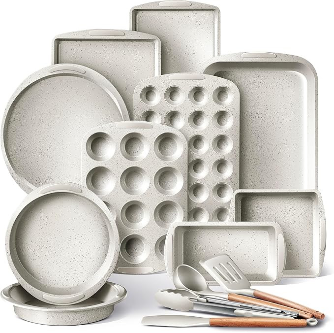 Country Kitchen Nonstick Stackable Bakeware Set - Durable, Easy Release Baking Set, Cream, 14 Pcs | Amazon (US)