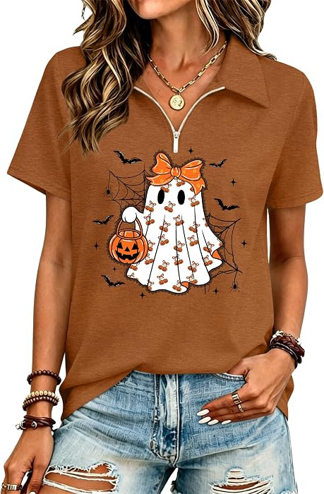 Fall shirts for women, Spooky season graphic tee, Half-zip V-neck, Short sleeve, Soft fabric, Hal... | Amazon (US)