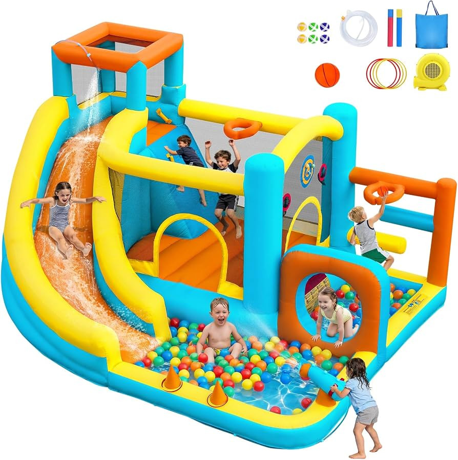 Inflatable Water Park Bouncy Castle with 550W Blower, Waterfall Spray Slide & Paddling Pool,Indoo... | Amazon (UK)