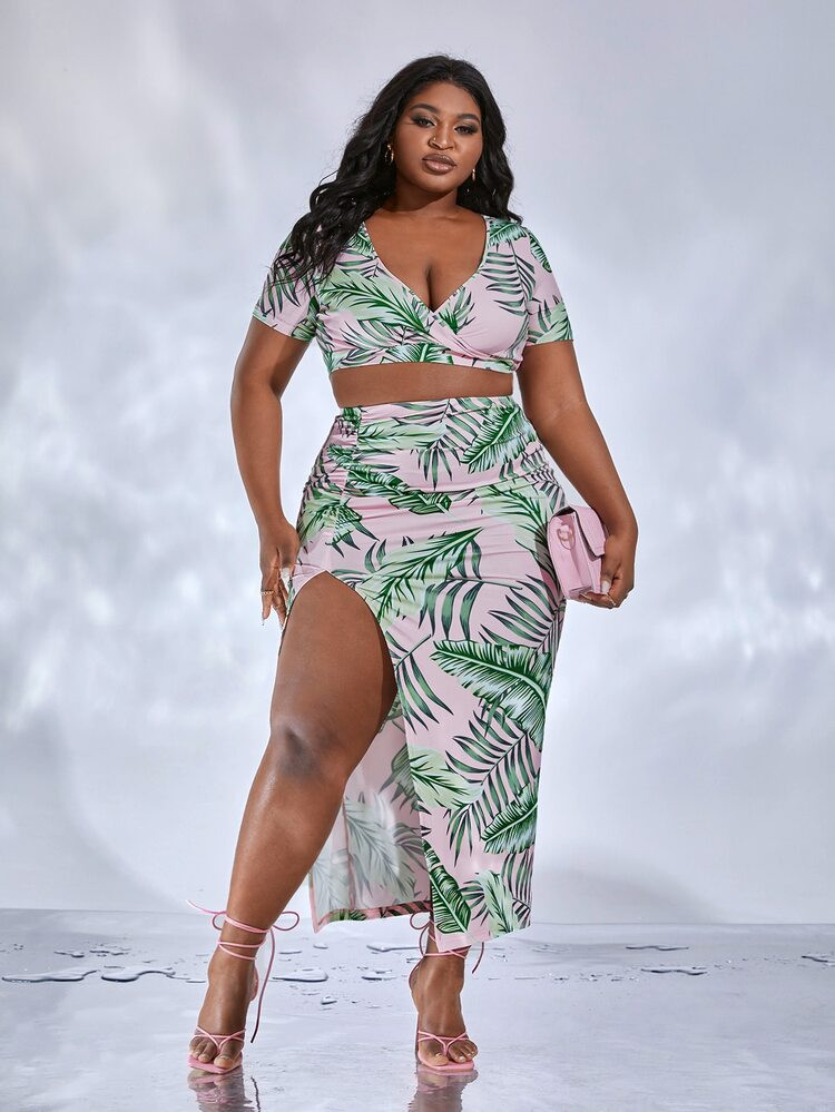 SHEIN SXY Plus Tropical Print Wrap Top & Split Thigh Skirt | SHEIN