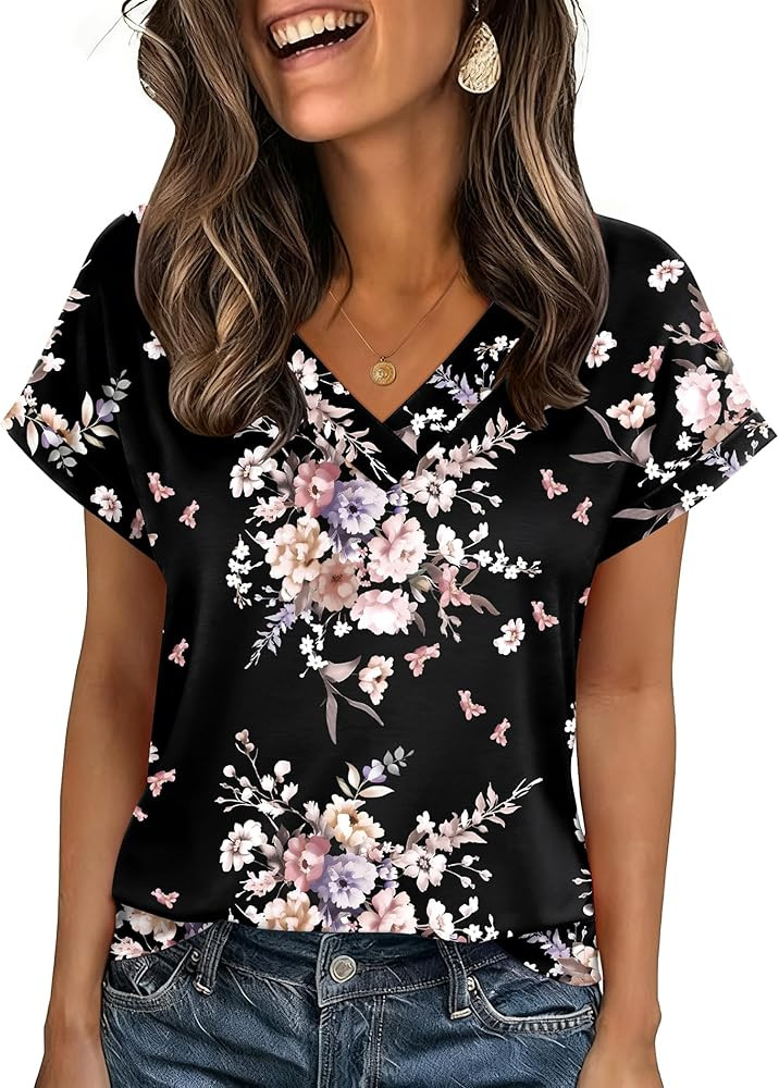 Zeagoo Womens Summer Tops Rolled Short Sleeve V Neck Shirts Casual Dressy Business Work Blouses O... | Amazon (US)