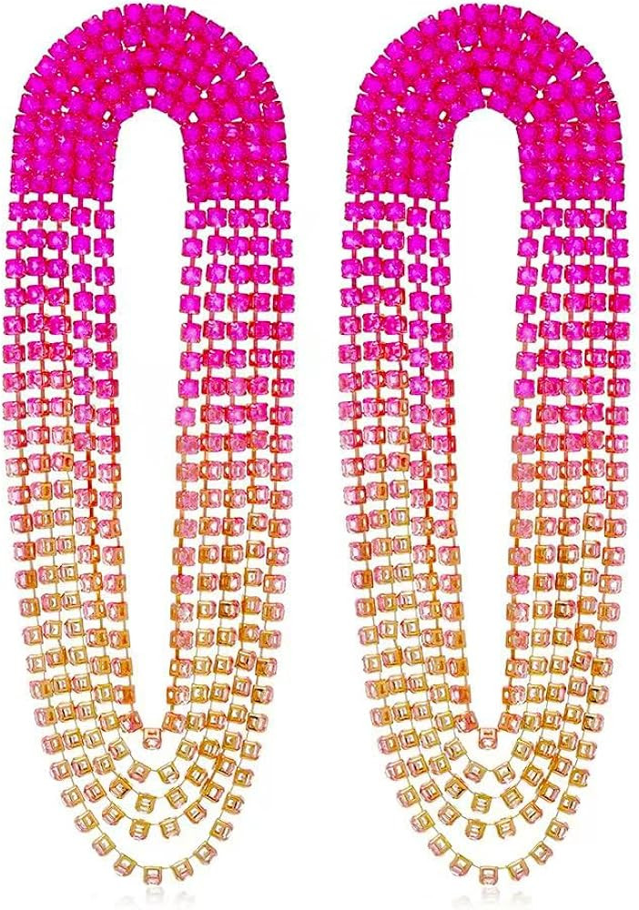 Pink Rhinestone Tassel Earrings for Women Girls Sparkly Linear Fringe Crystal Dangle Earrings Lon... | Amazon (US)