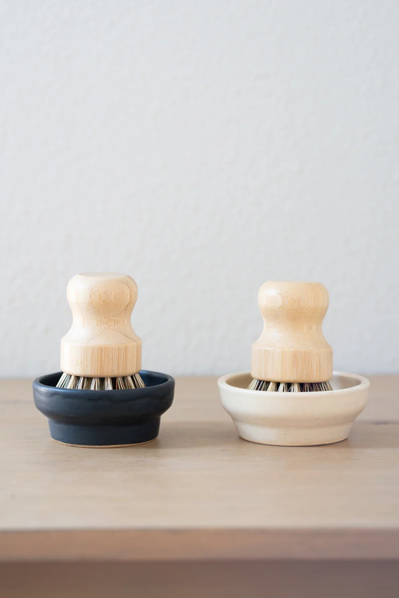 Handcrafted Pedestal Ceramic Dish and Wood Pot Brush Set | Urban Ember