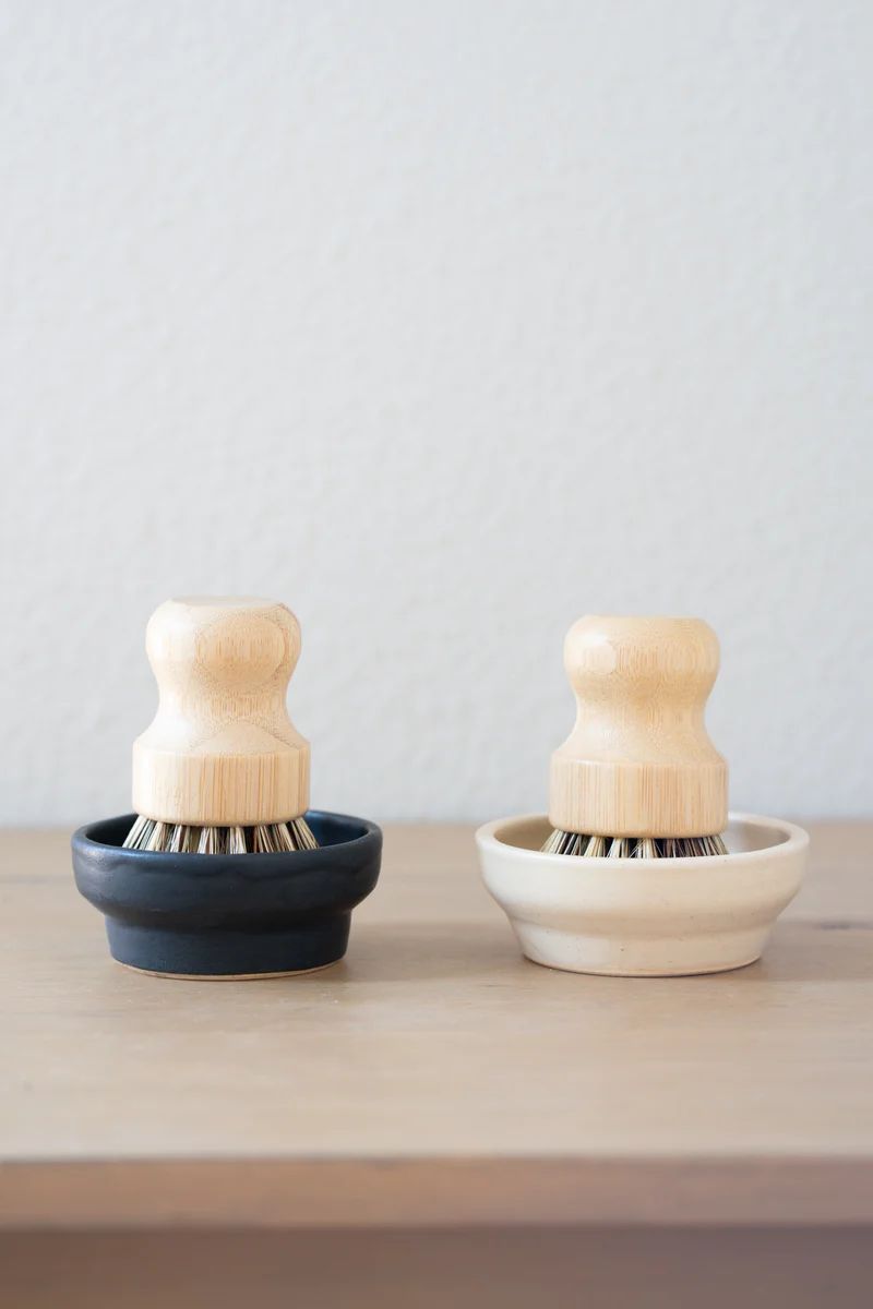 Handcrafted Pedestal Ceramic Dish and Wood Pot Brush Set | Urban Ember