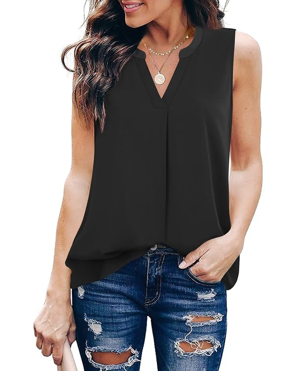 Timeson Women's Chiffon V Neck Sleeveless Blouse Tops Office Work Shirts | Amazon (US)