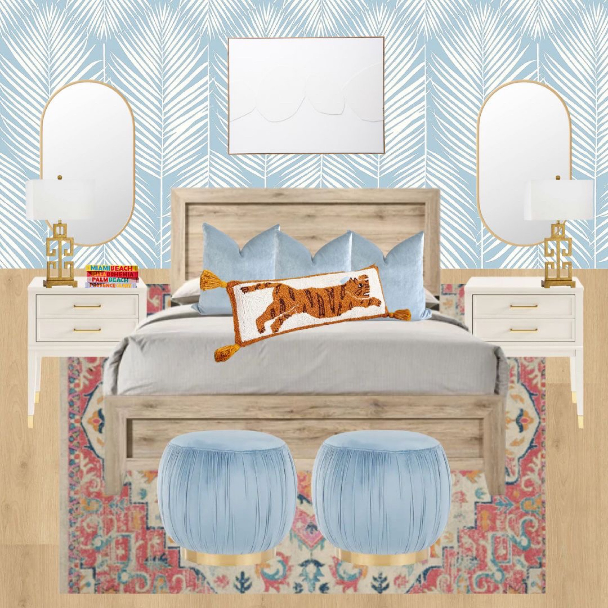 Costal preppy tiger poof mirror greek key wallpaper light oak white nightstand colorful wall art colorful bedding throw pillows interior decor college dorm apartment pattern design 

#LTKGiftGuide #LTKSeasonal #LTKhome