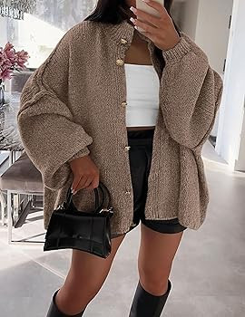 PRETTYGARDEN Women's Winter Button Down Cardigan Sweaters Mock Neck Lantern Long Sleeve Chunky Kn... | Amazon (US)