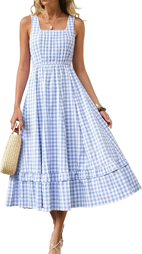 Caracilia Womens Summer Casual Gingham Plaid Midi Dress Sleeveless Square Neck Flowy Beach Vacati... | Amazon (US)