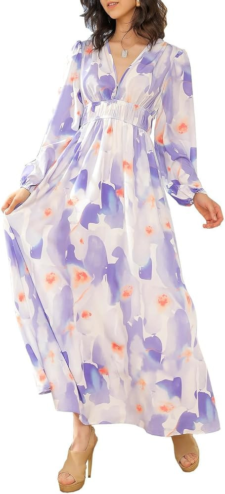 Spring Dress for Women 2024, Boho Flowy Dresses, Puff Sleeve Ruffle Cake Skirt, V Neck Printed Lo... | Amazon (US)