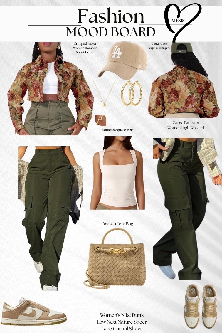 Street-chic but still feminine 🌿✨
Floral cropped bomber + white square-neck tank + high-waist olive cargo pants + LA cap + Nike Dunks + woven tote. 

#LTKgrwm #LTKSaleAlert #LTKootd