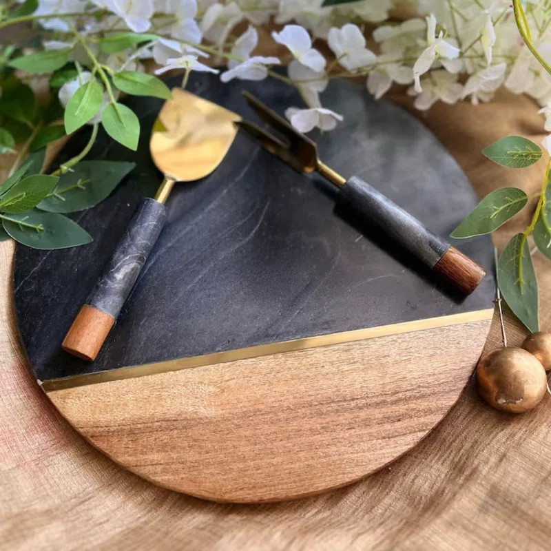 LuxeDesigns 12" Round Black Marble and Wood Cheese Board Set with 2-Piece Knife Set | Wayfair North America