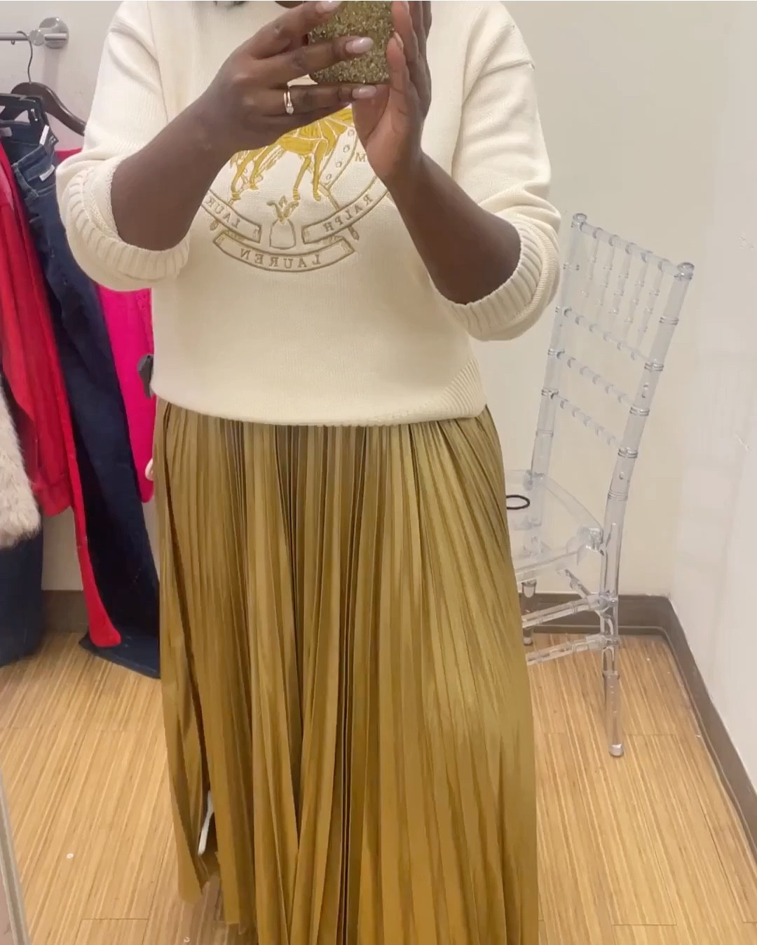 This gold skirt is elevated holiday glam without the designer price tag.
She’s giving luxury mom energy. ✨ I have the Ralph Lauren higher tag one linked and the Amazon one too that’s a fraction of the price. #AmazonDupes #DesignerDupe #RalphLaurenDupe #AmazonMustHaves #LTKHoliday 

#LTKHoliday #LTKootd #LTKGiftGuide