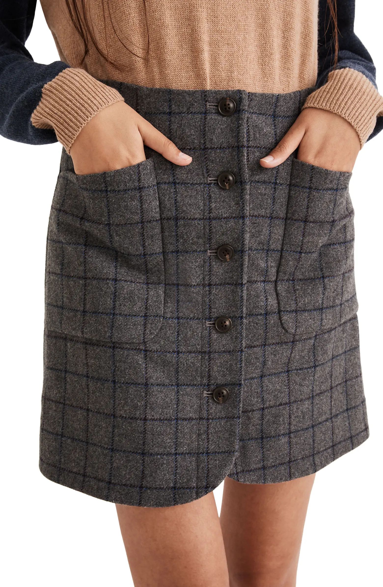 Madewell Windowpane Button Front Wool Blend Miniskirt | Nordstrom | Nordstrom