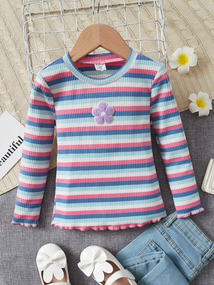 SHEIN Young Girl Striped Floral Patched Lettuce Trim Tee | SHEIN